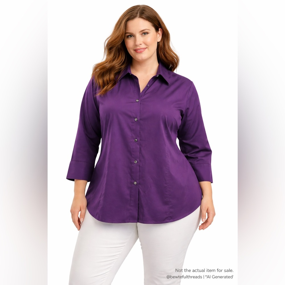 Purple Button Down Blouse Size 18 Office Chic Minimalist Stretch Top